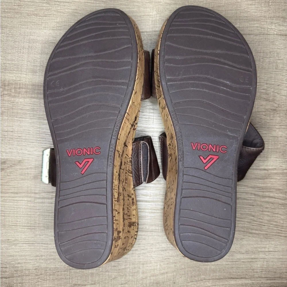 Vionic Pepper Wedge Metallic Brown Slip On Cork Leather Sandals